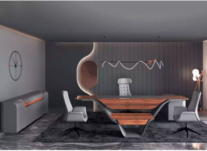Een luxueuze set voor een hoogwaardig kantoor in futuristische stijl.
