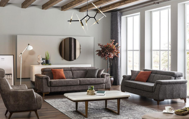 Sofagroep 3-zits stoffen bank bank stof fauteuil grijs slaapfunctie