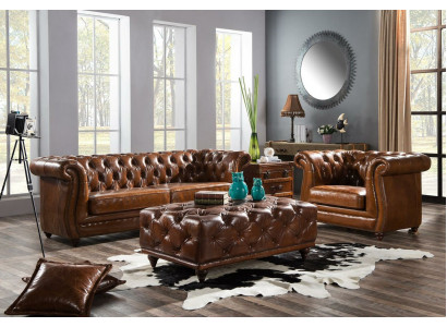 Vintage Chesterfield Bankstel Bank Bank Sofa Leder 3+1 Zits Set 2-delig.