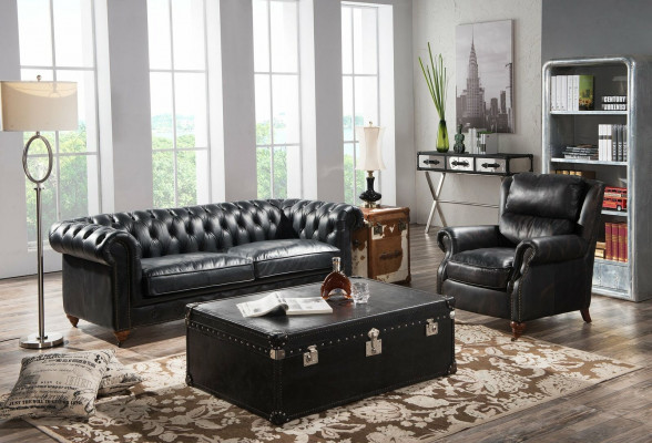 Luxe Chesterfield bankstel 3+1 zits salontafel 4-delige set bankstel leer