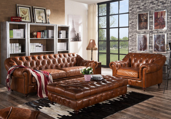 Vintage Chesterfield bankstel Beklede Bank Sofa Leer 3+1 zits Set 2-delig.