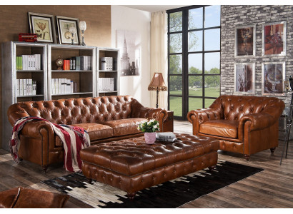 Bankstel 3-zits Chesterfield set Engels vintage bankstel fauteuil