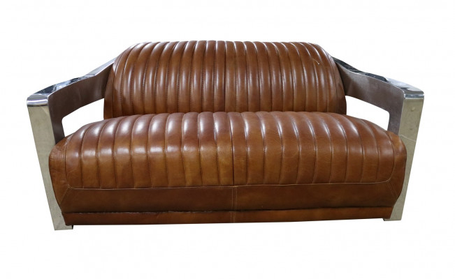 Sofa Vintage 2-zits leren bank in retrostijl echt leer aluminium meubels met studs.