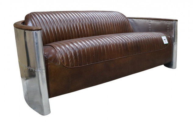 Echtlederen bankstel leren designbank 3-zits vintage bank aluminium vliegtuigmetaal