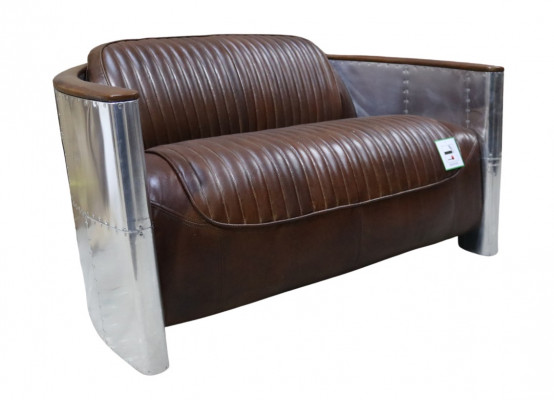 Echtlederen aluminium bankstel, 2-zits vintage lederen meubilair leren bank clubbank bankstel