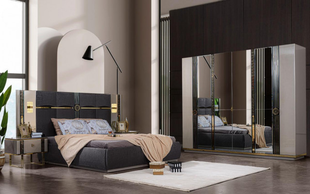 Luxe slaapkamermeubilair tweepersoonsbed nachtkastjes Grijs 4-delig kast bed