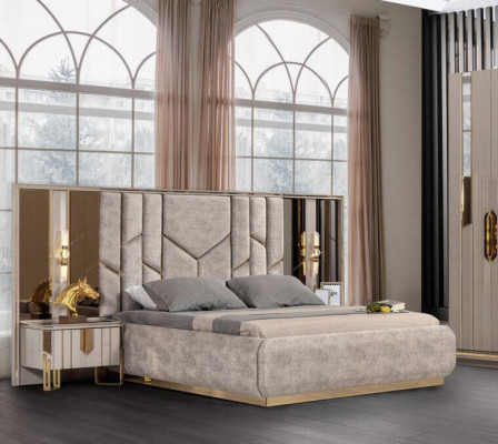 Slaapkamer tweepersoonsbed set Bed Nachtkastjes 3-delig Beige Luxe