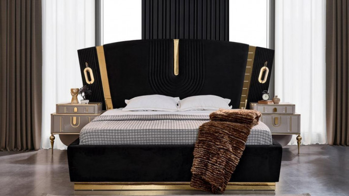 Slaapkamer tweepersoons bed set bed nachtkastjes 3-delig luxe zwart