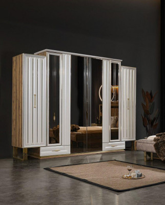 Garderobekast Luxe kledingkast Houten kast met spiegel Beige