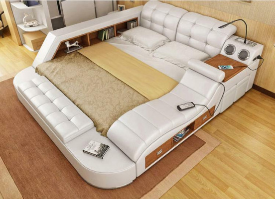 Bed Dubbele boekenplanken Lederen gestoffeerde bedden Multifunctioneel met nieuwe massagefunctie