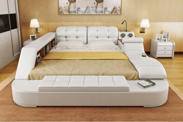 Bed Dubbele boekenplanken Lederen gestoffeerde bedden Multifunctioneel met nieuwe massagefunctie