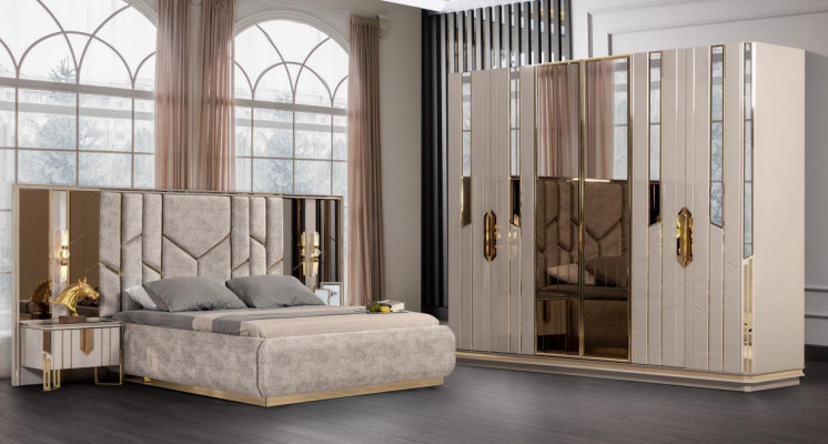 Slaapkamer set Tweepersoonsbed Bed Nachtkastjes Beige 4-delig kast