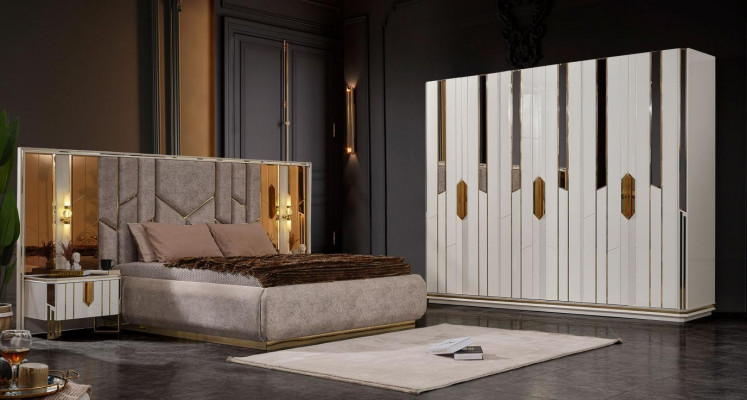 Complete slaapkamer met tweepersoonsbed, kast en nachtkastjes. Wit, 4-delig.