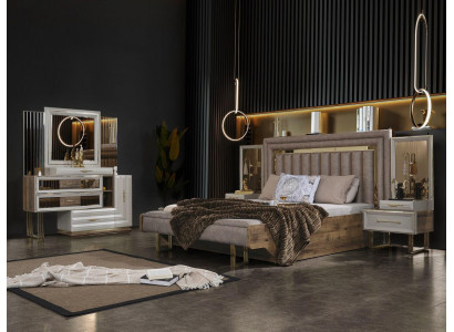 Slaapkamermeubilair Tweepersoonsbed Bed Nachtkastjes Console Beige 4-delig Luxe