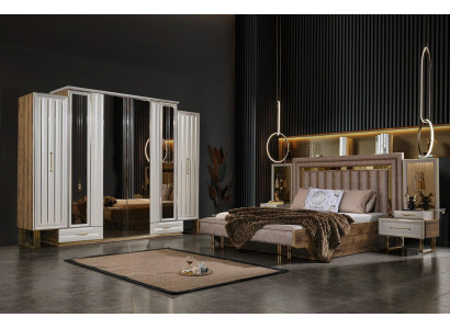 Complete slaapkamermeubelen Twee persoonsbed Bed Nachtkastjes Beige 4 stuks