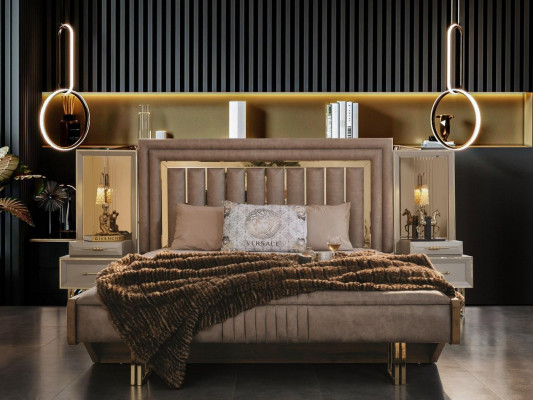 Complete slaapkamermeubelen Twee persoonsbed Bed Nachtkastjes Beige 4 stuks