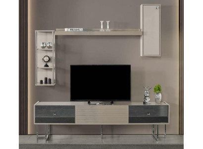 Woonwand RTV laag tv-meubel tv-standaard kast hout grijs planken woonkamer