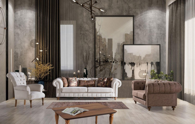 Wit-Bruine Chesterfield zitgroep Designerbanken Luxe set 3+2+1