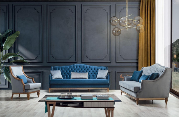 Moderne Blauwe Chesterfield bankstel Designer Driepersoons Luxe Fauteuil