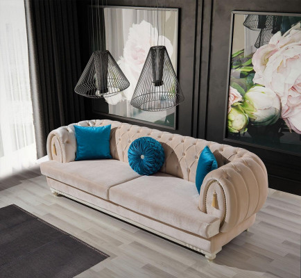Beige Chesterfield gestoffeerde bank Designer driezits stoffen bankstellen 3-zits