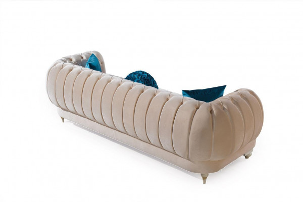Beige Chesterfield gestoffeerde bank Designer driezits stoffen bankstellen 3-zits