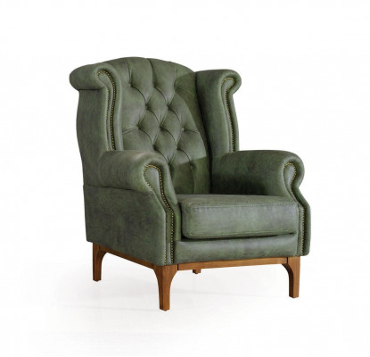 Groene Chesterfield luxe fauteuil gestoffeerde designer fauteuil met armleuningen.