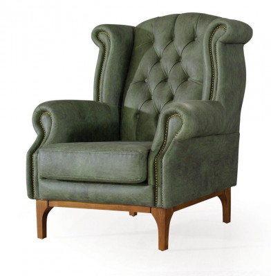 Groene Chesterfield luxe fauteuil gestoffeerde designer fauteuil met armleuningen.