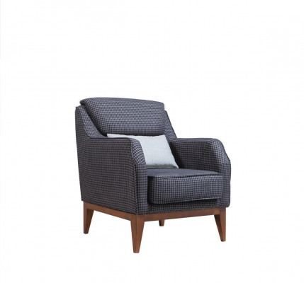 Grijze gestoffeerde éénzitter fauteuil met armleuningen, ontwerpersstoel.