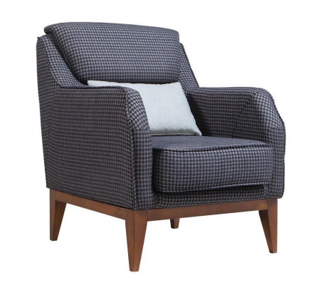 Grijze gestoffeerde éénzitter fauteuil met armleuningen, ontwerpersstoel.