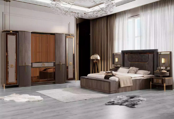 Volledige tweepersoons slaapkamerkast bed set 5-delig grijs stof