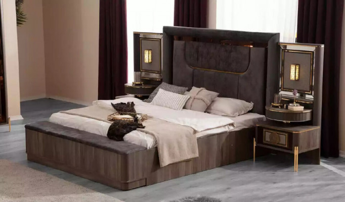 Volledige tweepersoons slaapkamerkast bed set 5-delig grijs stof