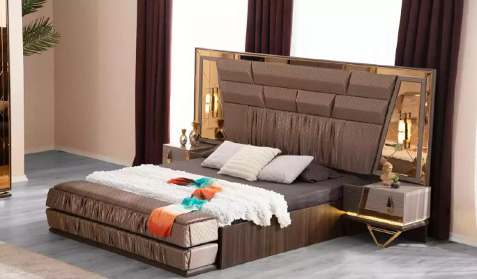 Slaapkamergroep Bedset 3-delig Tweepersoonsbed Beige Stof Nachtkastjes