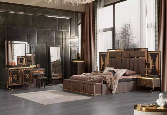 Compleet set bed Beige 7-delig Slaapkamer tweepersoonsbed Stof Nachtkastjes