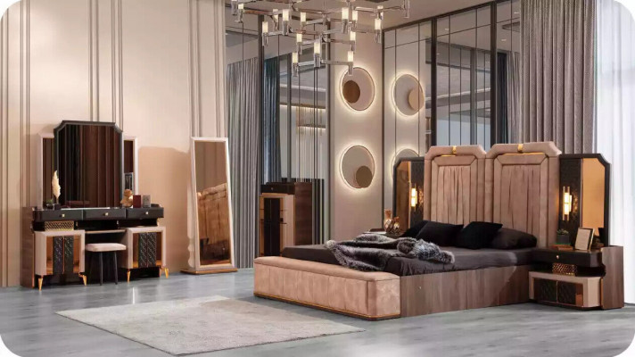 Luxe bedcombinatie set 6-delig Beige Stof Bed met opbergruimte Slaapkamer