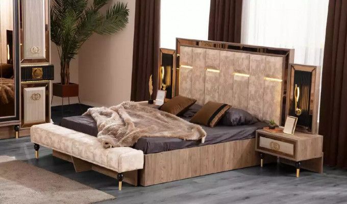 Complete slaapkamermeubel luxe bedset 6-delig tweepersoonsbed beige stof