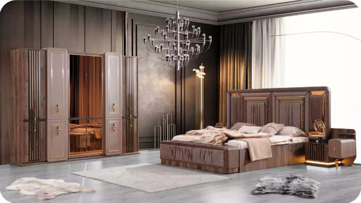 Volledige slaapkamer meubels Luxe bed set 4-delig Tweepersoonsbed Beige Stof