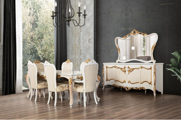 Compleet set eettafel + 6 stoelen eetkamer eetgroep hout dressoir + spiegel 9-delig