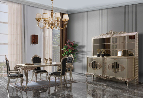 Luxe eetkamerset, dressoir, eettafel, stoelen, hout, 10-delig, beige.