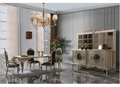 Luxe eetkamerset, dressoir, eettafel, stoelen, hout, 10-delig, beige.