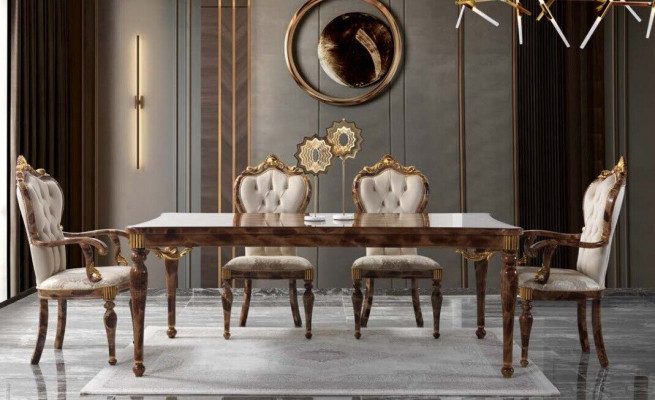 Klassieke eetkamerset Eethoek Eetkamer Eettafel Hout Set 7-delig Bruin tafel