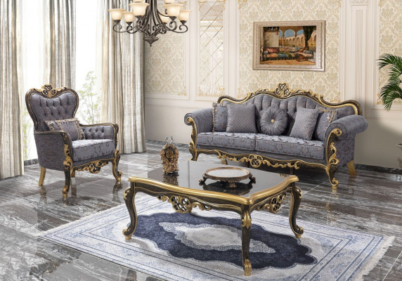 Bankstel Chesterfield gestoffeerde bank Blauwe bank Driezitter Fauteuil Set