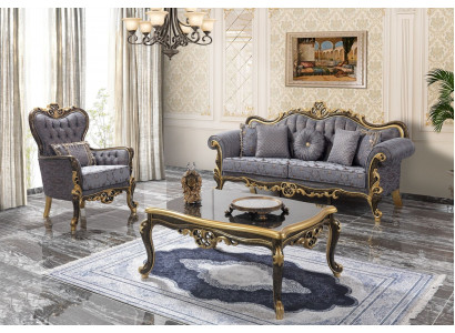 Bankstel Chesterfield gestoffeerde bank Blauwe bank Driezitter Fauteuil Set