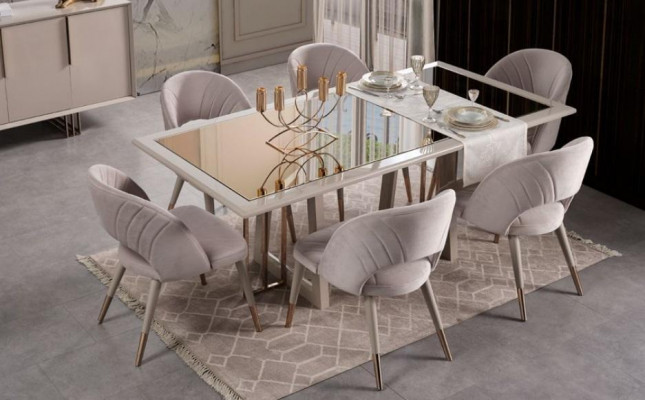Luxe eethoek eetgroep eetkamer eettafel stoelen beige hout set 8-delig