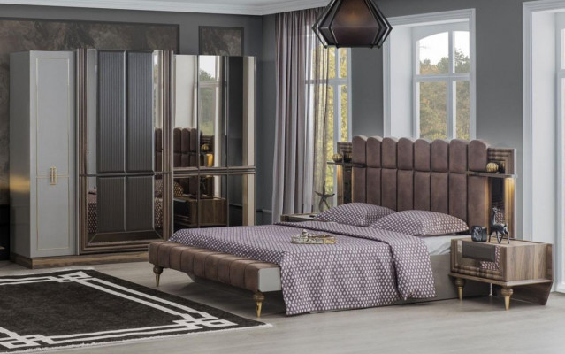 Slaapkamer set Luxe tweepersoonsbed Hout Bruin Stof Bed Set 4-delig