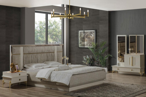 Slaapkamer tweepersoonsbed set hout beige stof nachtkastjes set 3-delig