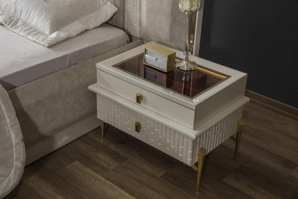 Slaapkamer tweepersoonsbed set hout beige stof nachtkastjes set 3-delig