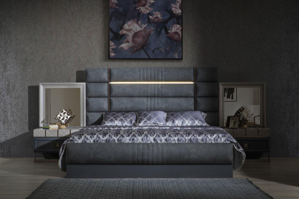 Slaapkamer Tweepersoonsbed Grijs Set 4-delig Modern Bed Nachtkastjes