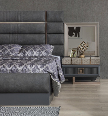 Slaapkamer Tweepersoonsbed Grijs Set 4-delig Modern Bed Nachtkastjes