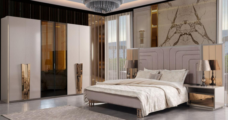 Set dubbel bed bed beige hout luxe modern slaapkamer set 3-delig.