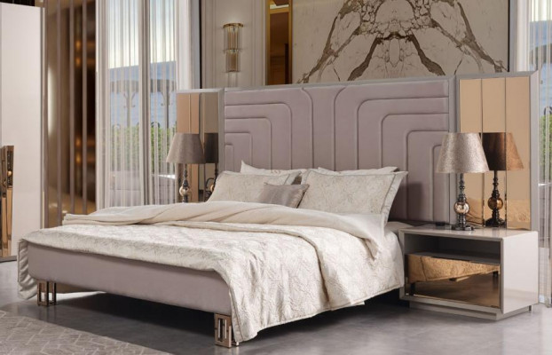 Set dubbel bed bed beige hout luxe modern slaapkamer set 3-delig.